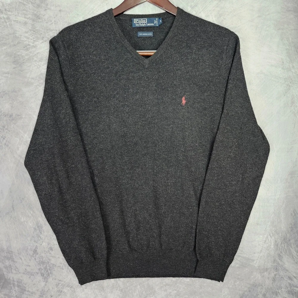 Polo Ralph Lauren 100% Merino Wool Sweater Mens M Charcoal Italian Yarn V Neck